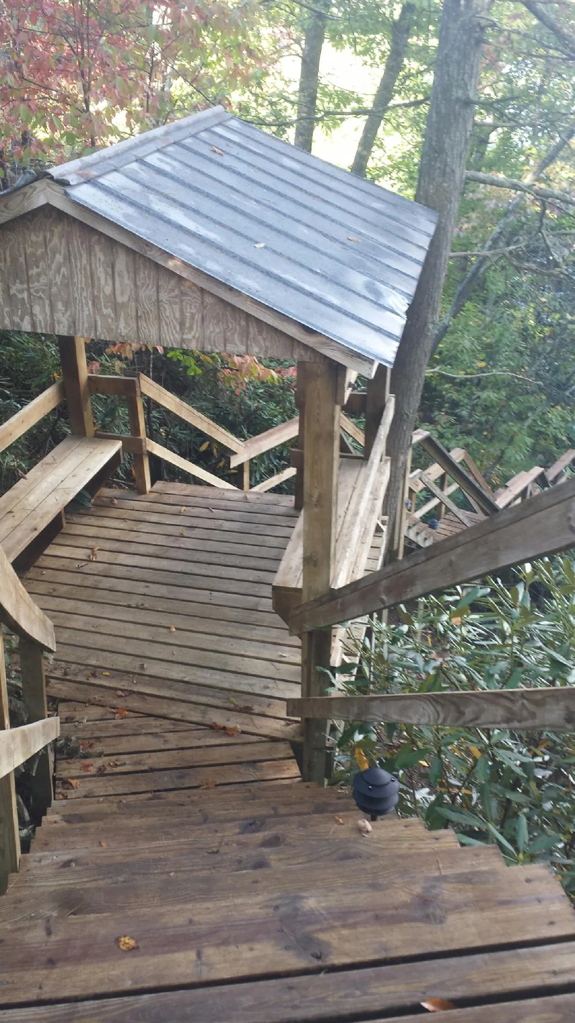 Metal roofed shelter over wooden steps on a wooded walkway — Skylight Repair & Installation work by our crew in Hawk Run